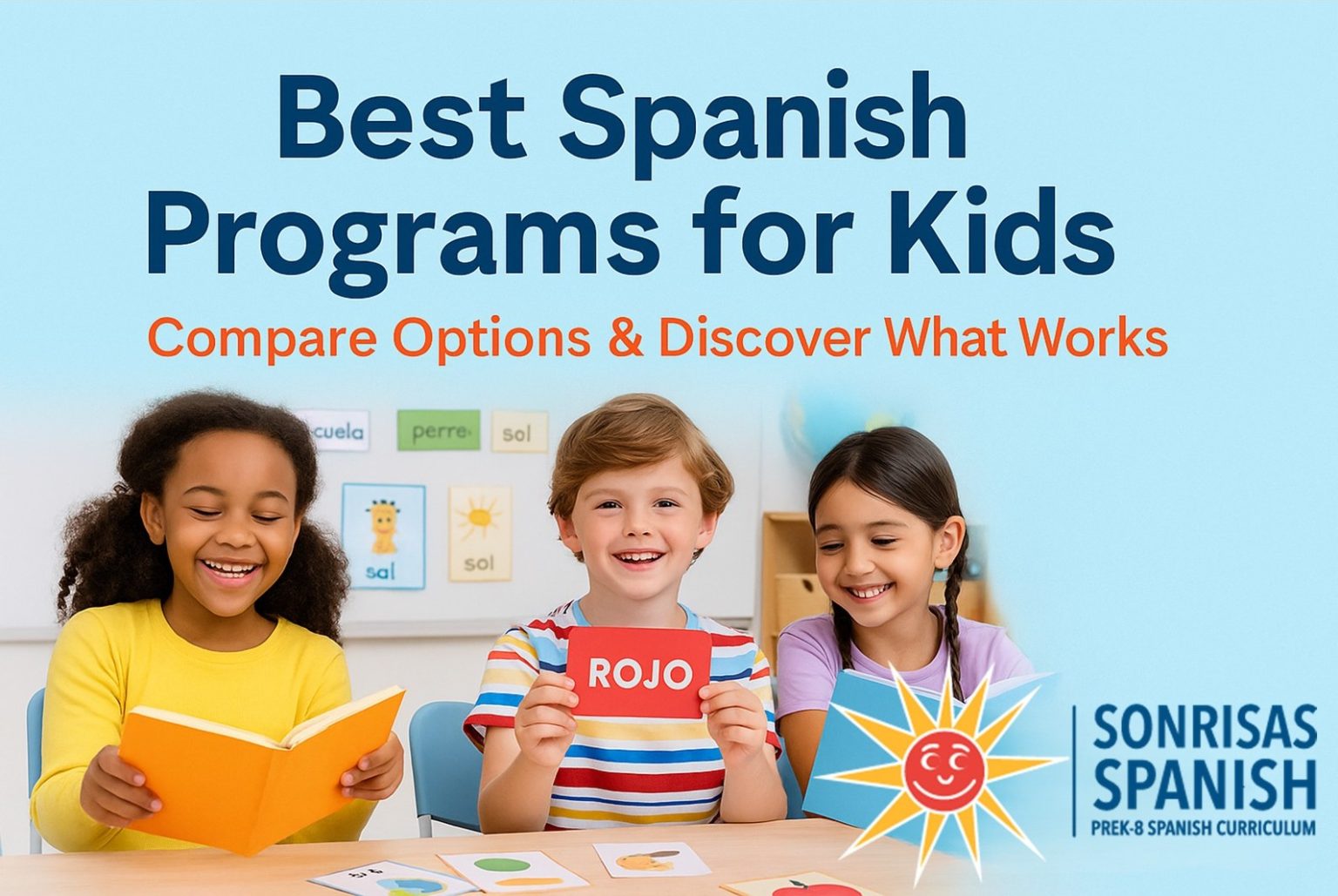 Young children smiling and learning Spanish in a classroom setting, with text that reads: Best Spanish Programs for Kids – Compare Options & Discover What Works